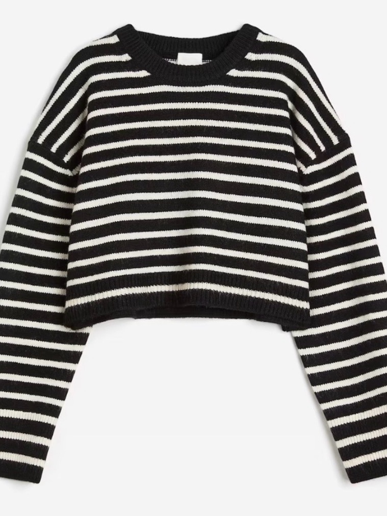 H&M Black & White Striped Cropped Crewneck Sweater